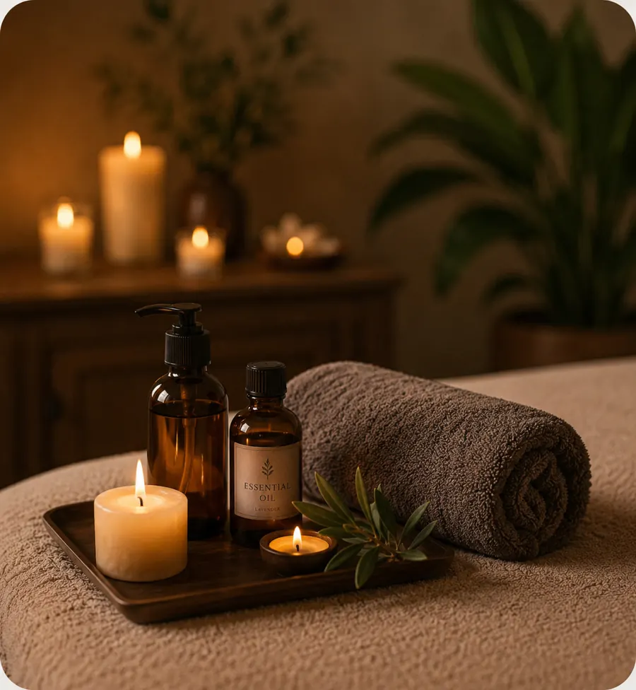 Candles, massage oils, and folded towels prepared for a mobile wellness treatment